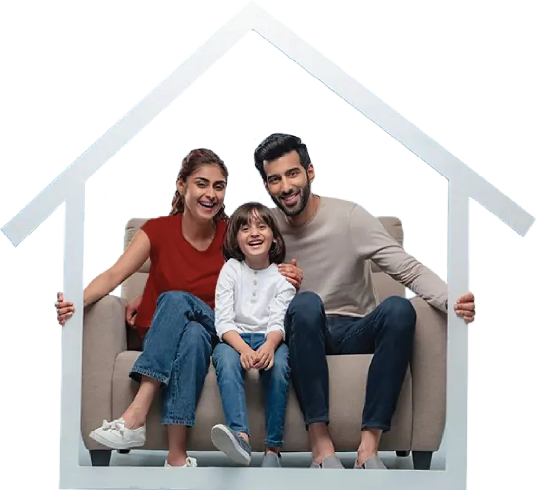 Happy family sitting on a sofa inside a house outline